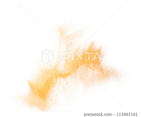 Small size orange Sand flying explosion, fruit sands grain wave explode. Abstract cloud fly. Orange colored sand splash throwing in Air. White background Isolated high speed shutter, throwing freeze 113981181
