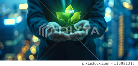 A businessman hand gently holds a small sapling, symbolizing investment in sustainability. Concept of the businessman commitment to environmentally friendly investments. Generative AI.  113981315