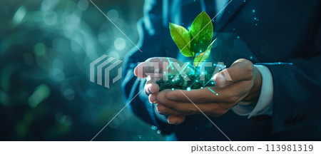 A businessman hand gently holds a small sapling, symbolizing investment in sustainability. Concept of the businessman commitment to environmentally friendly investments. Generative AI.  113981319