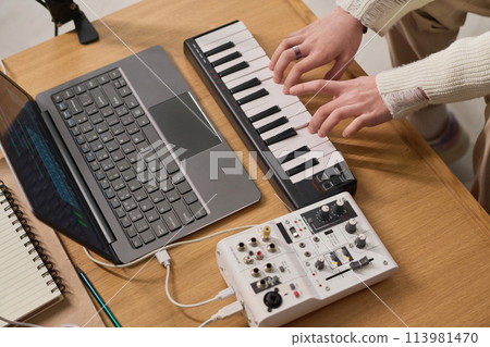 Pressing keys of electric piano 113981470