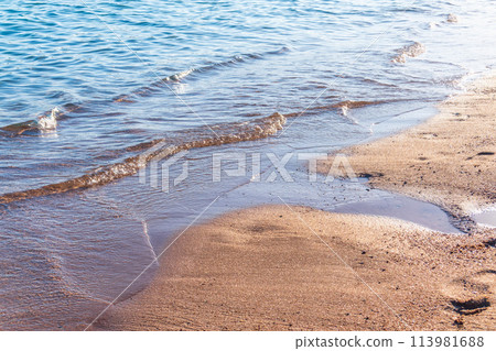 Soft wave of the sea on the sandy beach. 113981688