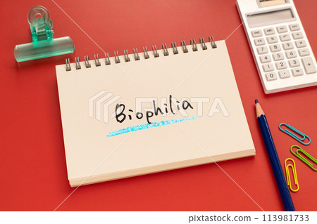 有一個筆記本,上面寫著「Biophilia」這個字。正如引人注目的圖像一樣。 有一個筆記本,上面寫著「Biophilia」這個字。正如引人注目的圖像一樣。 113981733