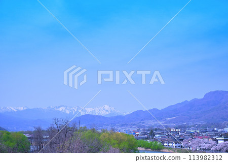 Snow still remaining on Mt. Tanigawa and Mt. Mitake; Cherry blossom trees in full bloom along the Tone River; Scenery from near Sagiishi Bridge, Numata City Snow still remaining on Mt. Tanigawa and Mt. Mitake; Cherry blossom trees in full bloom along the Tone River; Scenery from near Sagiishi Bridge, Numata City 113982312