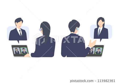 Male and female business people giving explanations, guidance, and web conferences online on a computer, upper body rear view 113982361