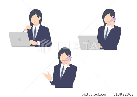 Female business person thinking, talking, typing while working on a computer, upper body 113982362