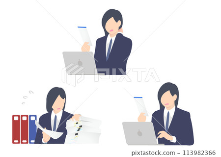 一位女商人的上半身搜尋一堆文件，發現並糾正考勤卡上的錯誤 113982366