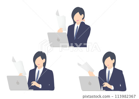 女商人的上半身將文件輸入電腦，發現並修正文件中的錯誤 113982367