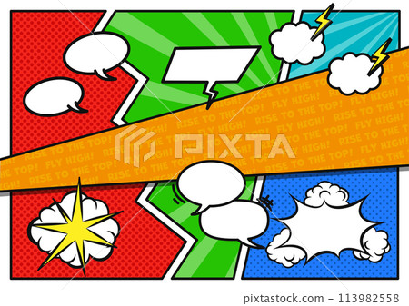 Illustration of a cute speech bubble and a lively American comic-style panel background design 113982558