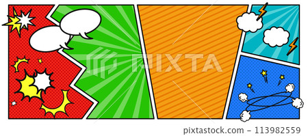 Banner, header design with illustrations of speech bubbles, clouds, explosions, and smoke and comic book style framed background 113982559