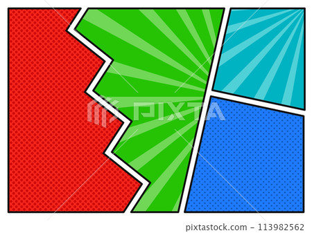 Colorful comic-style panel design illustration with radial rays and dot pattern background 113982562