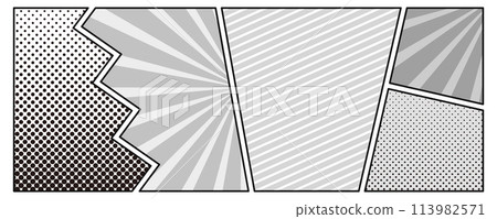 具有漸變點、輻射和條紋圖案背景的漫畫風格橫幅和標題設計 113982571