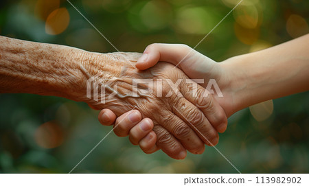 一個老人和一個年輕人握手的手 113982902