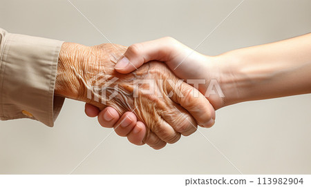 一個老人和一個年輕人握手的手 113982904