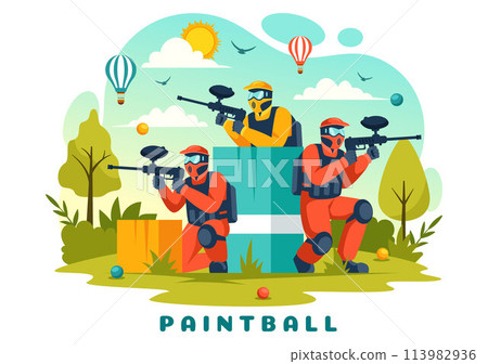 People Playing Paintball Vector Illustration of Fighter Player Shooting with Gun Shoot, Aim, Attack in Field Scene in Flat Cartoon Background 113982936