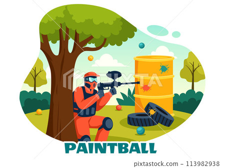 People Playing Paintball Vector Illustration of Fighter Player Shooting with Gun Shoot, Aim, Attack in Field Scene in Flat Cartoon Background 113982938