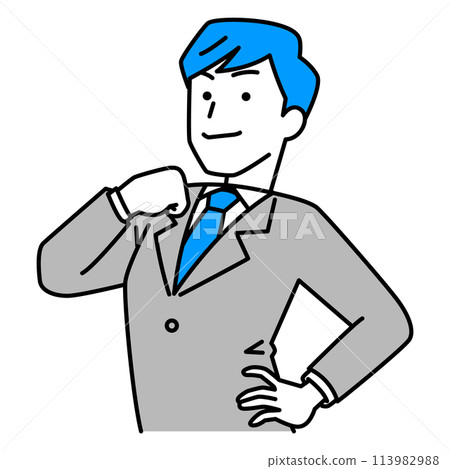 A man in a suit puffing out his chest 113982988