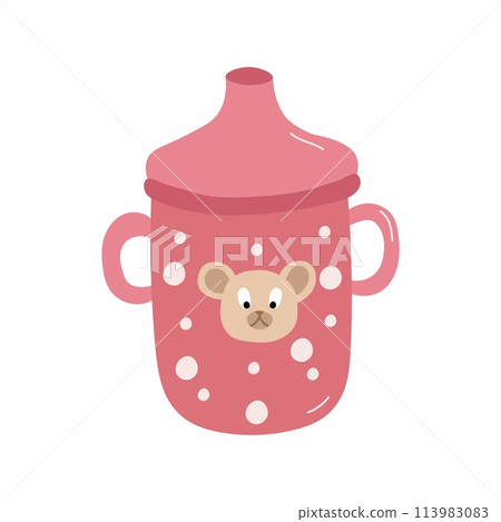 Baby cup bottle isolated on white background. Baby sippy reservoir pink with dots and bear head, drinking bowl with milk or juice with two handles vector illustration Baby cup bottle isolated on white background. Baby sippy reservoir pink with dots and bear head, drinking bowl with milk or juice with two handles vector illustration 113983083