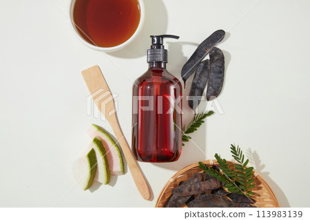 The concept of gleditsia australis fruit photography with view from above with blank space for design. Photo for cosmetic advertising 113983139