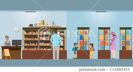 People looking for a book in bookstore. 113983455