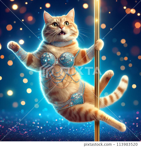 A cat in a sparkly costume pole dancing 113983520