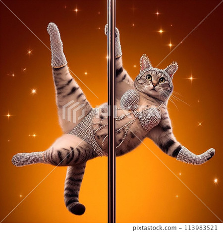 A cat in a sparkly costume pole dancing 113983521