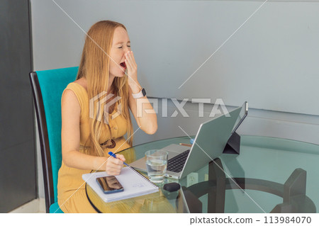 Beautiful pregnant woman working on laptop. Young businesswoman working in her office 113984070