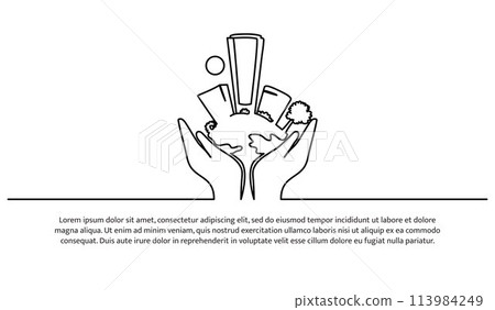 Continuous line design of hands supporting the earth. Save the earth design concept. Decorative elements drawn on a white background. 113984249