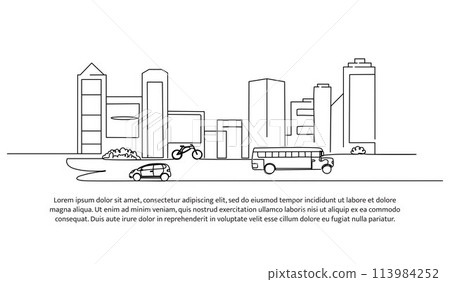 Continuous line design of heavy city traffic view. The concept of a city center design that is full of vehicles and traffic jams. Decorative elements drawn on a white background. 113984252