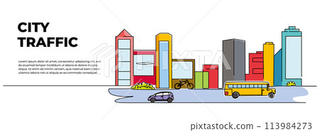 Vector illustration of city line view of vehicle traffic on the highway in front of the buildings. Downtown activity design concept. Modern flat in continuous line style. Vector illustration of city line view of vehicle traffic on the highway in front of the buildings. Downtown activity design concept. Modern flat in continuous line style. 113984273
