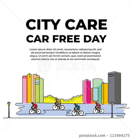 Vector illustration of a group of cyclists riding their bikes in the suburbs. Modern flat in continuous line style. Vector illustration of a group of cyclists riding their bikes in the suburbs. Modern flat in continuous line style. 113984275