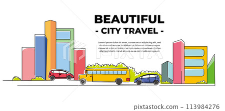 Vector illustration of city line view of vehicle traffic on the highway in front of the buildings. Downtown activity design concept. Modern flat in continuous line style. Vector illustration of city line view of vehicle traffic on the highway in front of the buildings. Downtown activity design concept. Modern flat in continuous line style. 113984276
