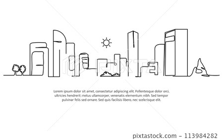 Cityscape line design. City view decorative elements drawn one continuous line. Vector illustration of minimalist style on white background. Cityscape line design. City view decorative elements drawn one continuous line. Vector illustration of minimalist style on white background. 113984282