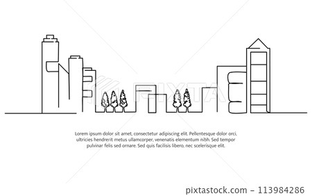 Cityscape line design. Beautiful green city view. Decorative elements drawn one continuous line. Vector illustration of minimalist style on white background. 113984286