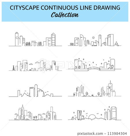 Set of cityscape line design. Beautiful city view. Decorative elements drawn one continuous line. Vector illustration of minimalist style on white background. 113984304