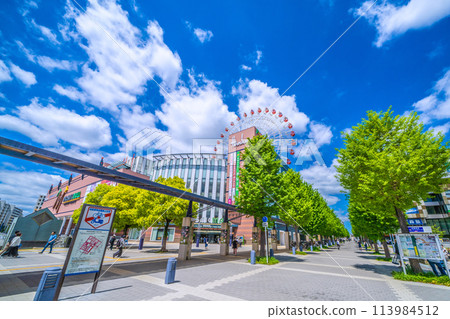 Yokohama cityscape in April, Japan. View of the ferris wheel and Tsuzuki Hankyu Railway in front of Center Kita Station, shining against the fresh greenery and blue sky. 113984512