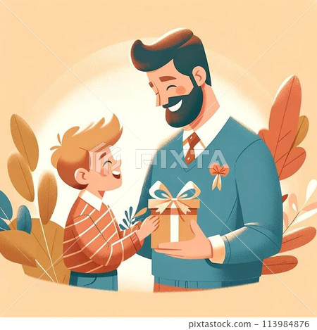 Illustration of a man giving a gift to his father on Father's Day Illustration of a man giving a gift to his father on Father's Day 113984876