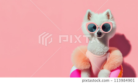 Funny dog wearing summer fashion on pastel background with copy space. Summer Vacation Concept. 113984901