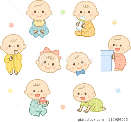 一組擺出各種姿勢的嬰兒 113984925