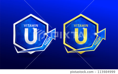 High vitamin U in hexagon shape aluminum gold and silver with shine arrow. Used for design nutrition supplement products. Minerals label symbol logo 3D on blue background. Vector EPS10. High vitamin U in hexagon shape aluminum gold and silver with shine arrow. Used for design nutrition supplement products. Minerals label symbol logo 3D on blue background. Vector EPS10. 113984999