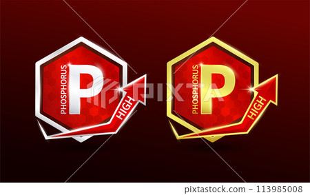 High phosphorus in hexagon shape aluminum gold and silver with shine arrow. Used for design nutrition supplement products. Minerals label symbol logo 3D on red background. Vector EPS10. 113985008