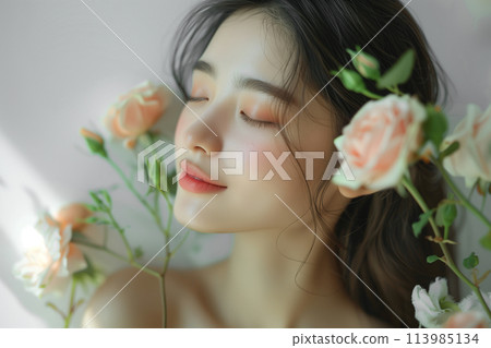 Beauty image of rose flowers and women (skin care, body care, beauty salon) 113985134