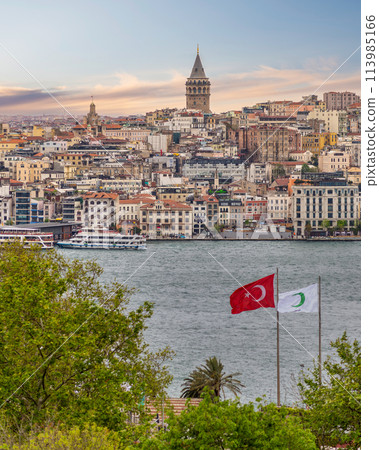 Skyline of European side of Bosphorus Strait overlooking Galata Tower in a spring day after sunrise, Istanbul, Turkey Skyline of European side of Bosphorus Strait overlooking Galata Tower in a spring day after sunrise, Istanbul, Turkey 113985166