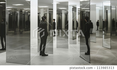 Person in a mirror maze symbolizing self-reflection and discovery. Generated AI. Person in a mirror maze symbolizing self-reflection and discovery. Generated AI. 113985313