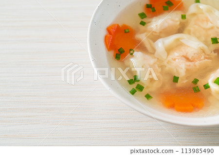 shrimp dumpling soup in white bowl shrimp dumpling soup in white bowl 113985490