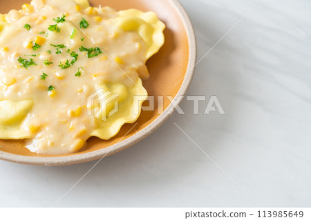 ravioli pasta with corn cheese sauce ravioli pasta with corn cheese sauce 113985649