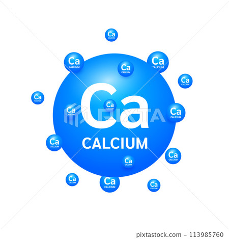 Blue calcium minerals on white background. Natural nutrients and vitamins essential by the body to help repair damaged organs. For advertising medical supplements design. 3D Vector EPS10. 113985760