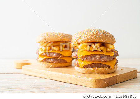 pork burger with cheese and french fries pork burger with cheese and french fries 113985815