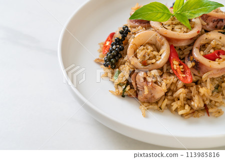Basil and Spicy Herb Fried Rice with Squid or Octopus Basil and Spicy Herb Fried Rice with Squid or Octopus 113985816