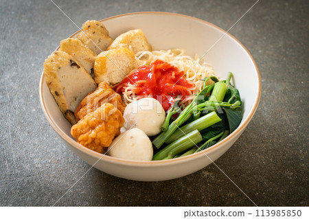 egg noodles with fish balls and shrimp balls in pink sauce, Yen Ta Four or Yen Ta Fo egg noodles with fish balls and shrimp balls in pink sauce, Yen Ta Four or Yen Ta Fo 113985850