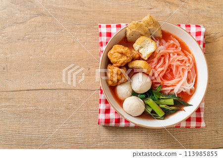 small flat rice noodles with fish balls and shrimp balls in pink soup, Yen Ta Four or Yen Ta Fo small flat rice noodles with fish balls and shrimp balls in pink soup, Yen Ta Four or Yen Ta Fo 113985855